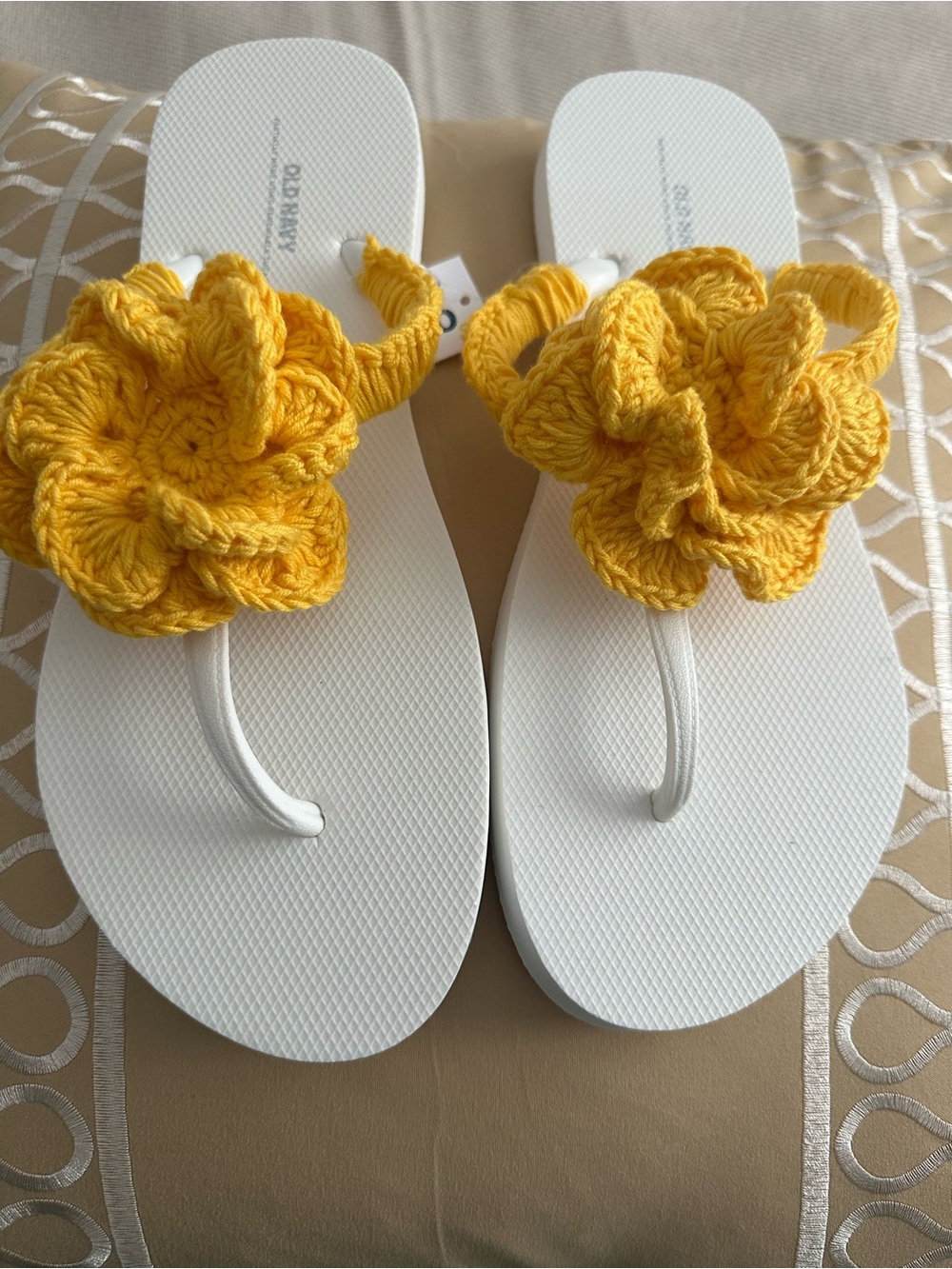Women’s White Flip Flop Sandals with Yellow Crochet Flower